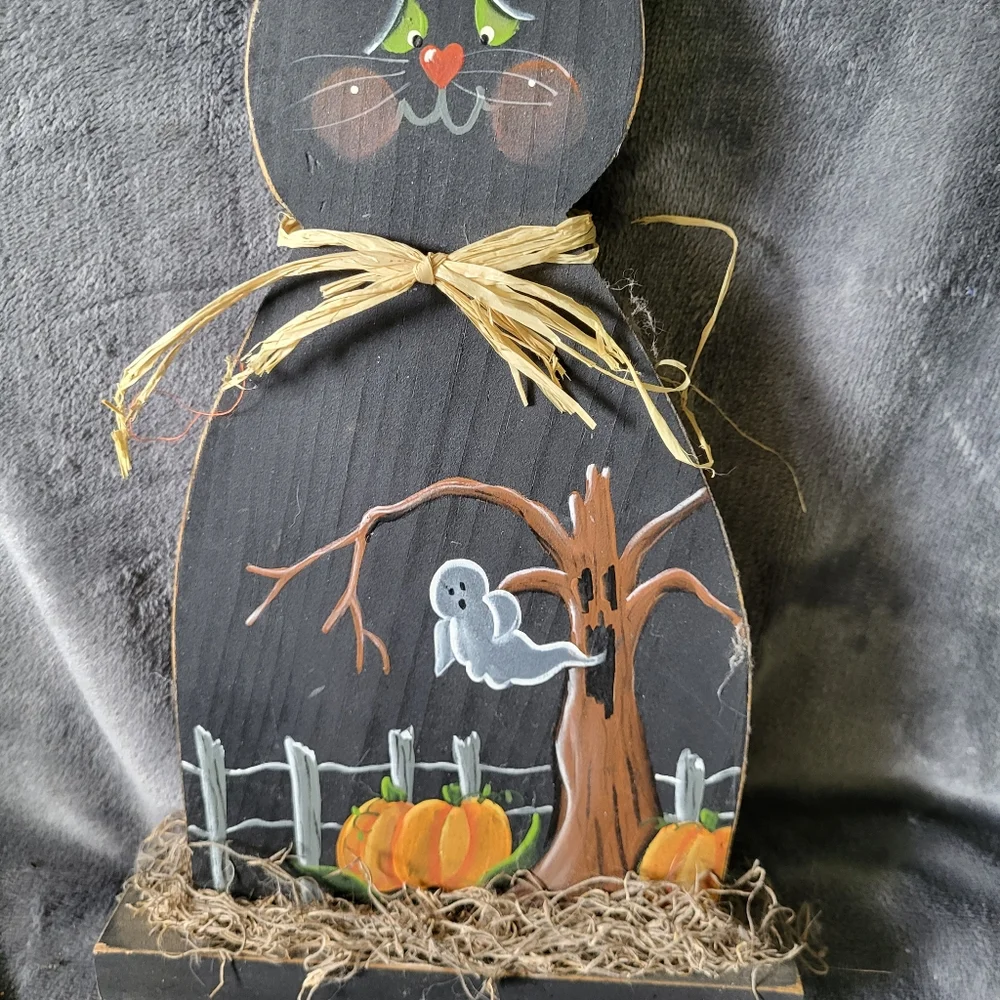 Vintage wooden halloween black cat with ghost decor